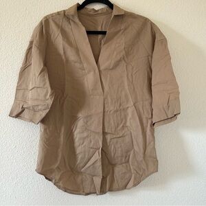 ROPE V-neck Small Collar 1/2 Sleeve Khaki Beige Blouse Women Sz 36